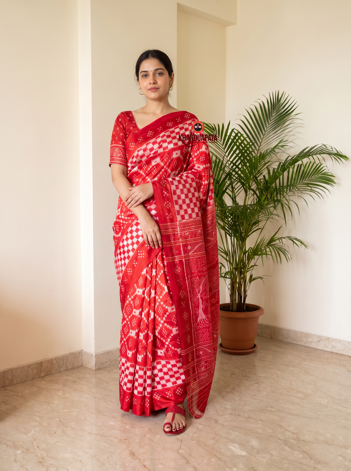 Red and white colour traditional checkered design silk saree by Khanduapata - draped view