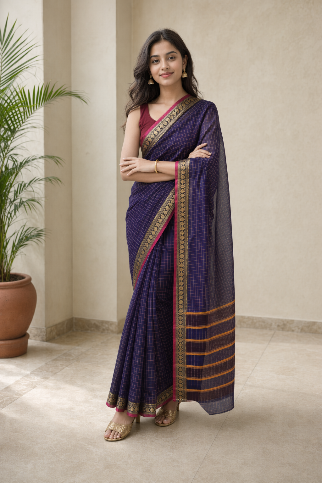 Navy Blue Checked Contrast Border Cotton Saree For Women