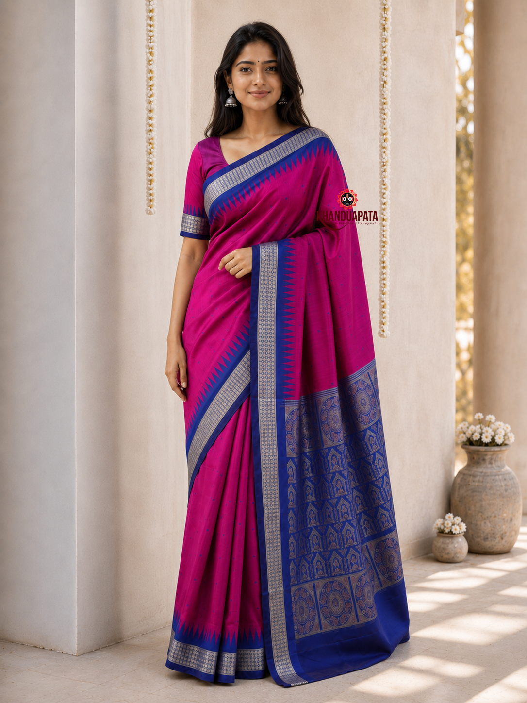 Blue and magenta colour dot design silk saree by Khanduapata - draped view