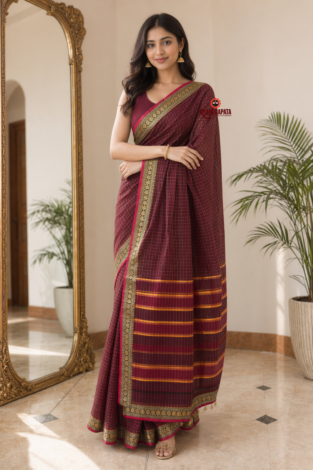 Deep Red Checked Traditional Border Cotton Saree For Women