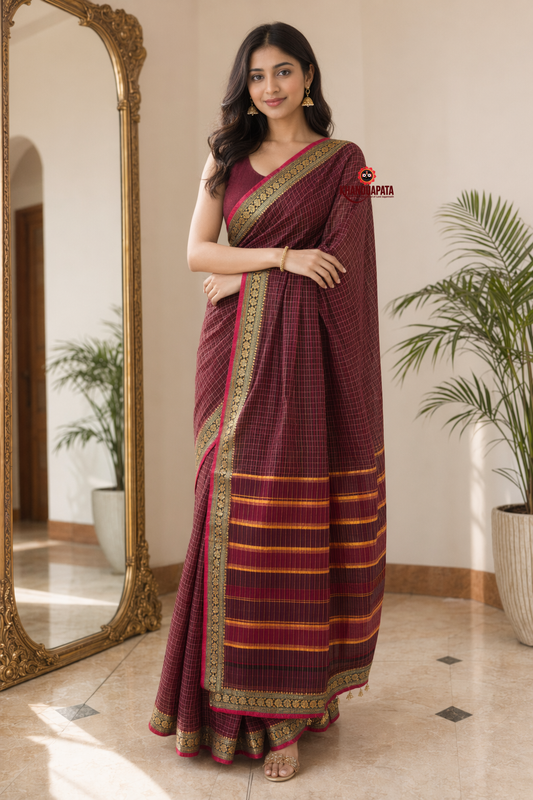 Deep Red Checked Traditional Border Cotton Saree For Women