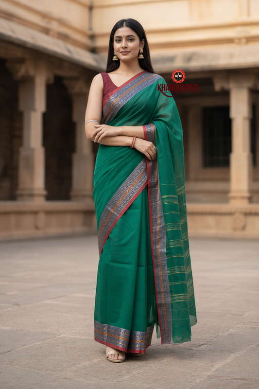 Teal Green Plain Body Cotton Saree For Women