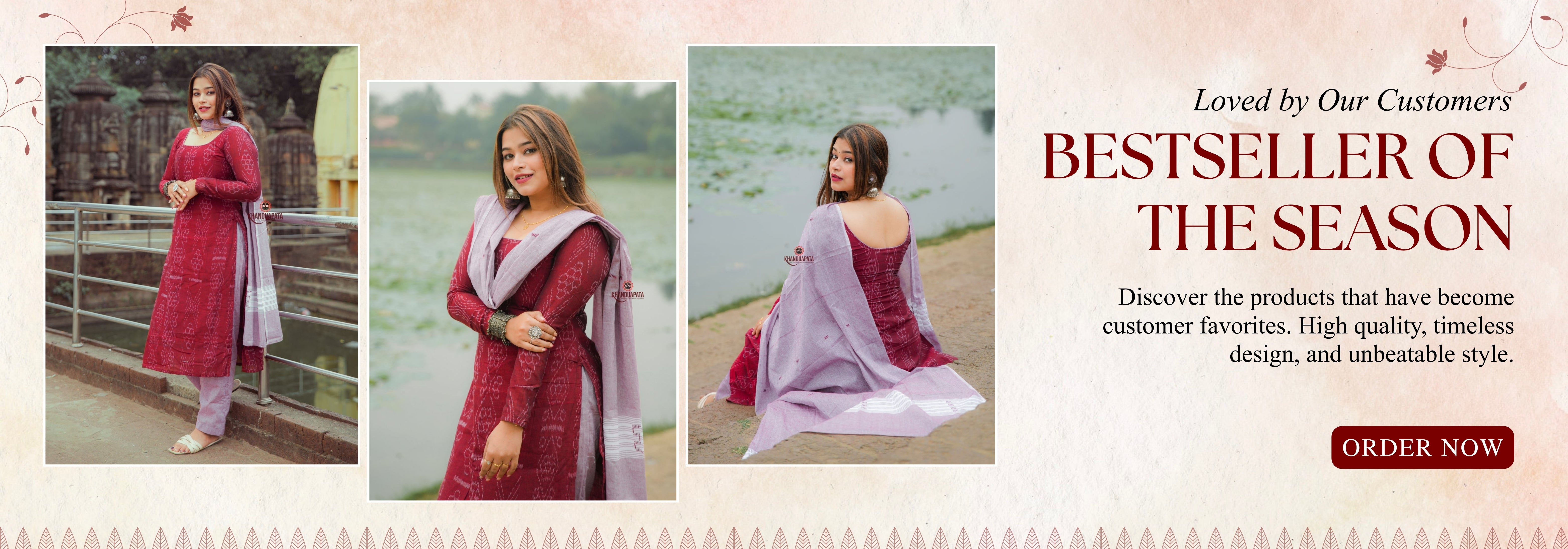 Nodel wearing red and maroon traditional outfits by a lake, with promotional text for bestseller of the season.