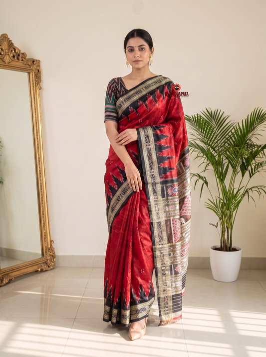 Red & Black Colour Traditional Ikat Design Silk Saree For Women