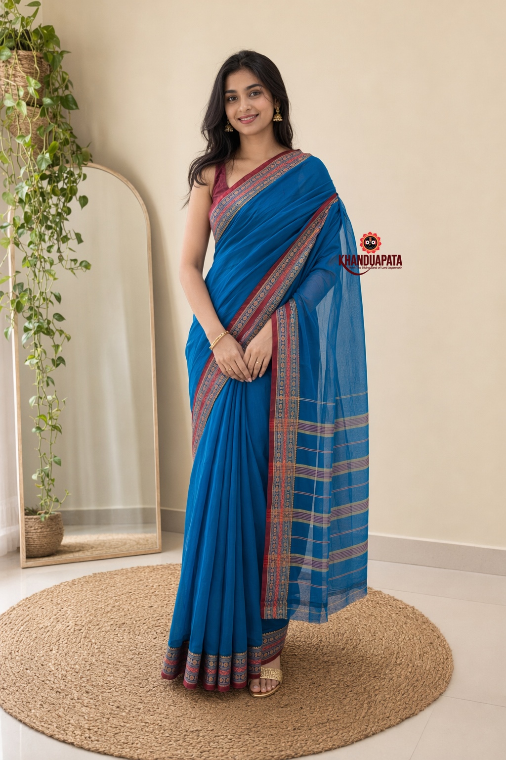 Blue & Pink Contrast Border Cotton Saree For Women