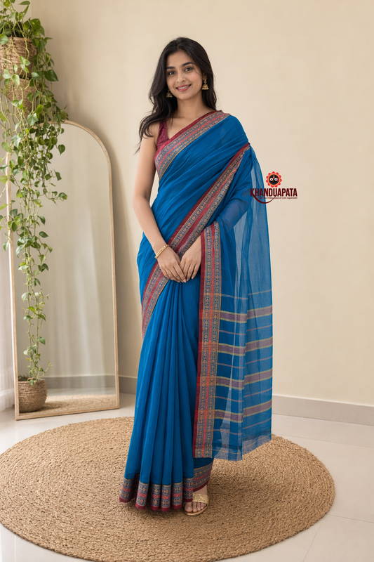 Blue & Pink Contrast Border Cotton Saree For Women