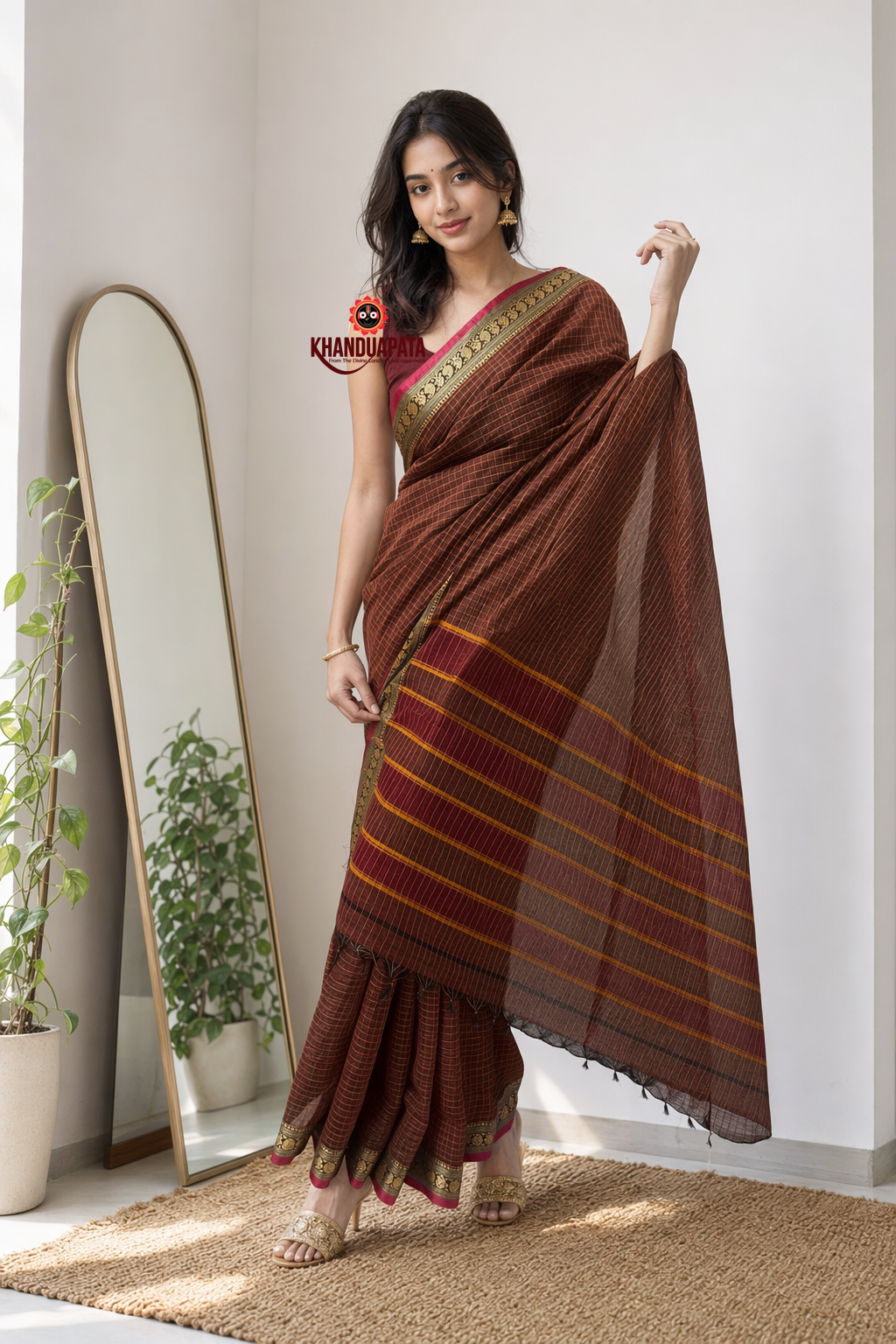 Brown Checked Traditional Border Cotton Saree For Women