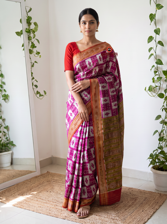 Magenta & White Colour Geometric Ikat Design Silk Saree For Women