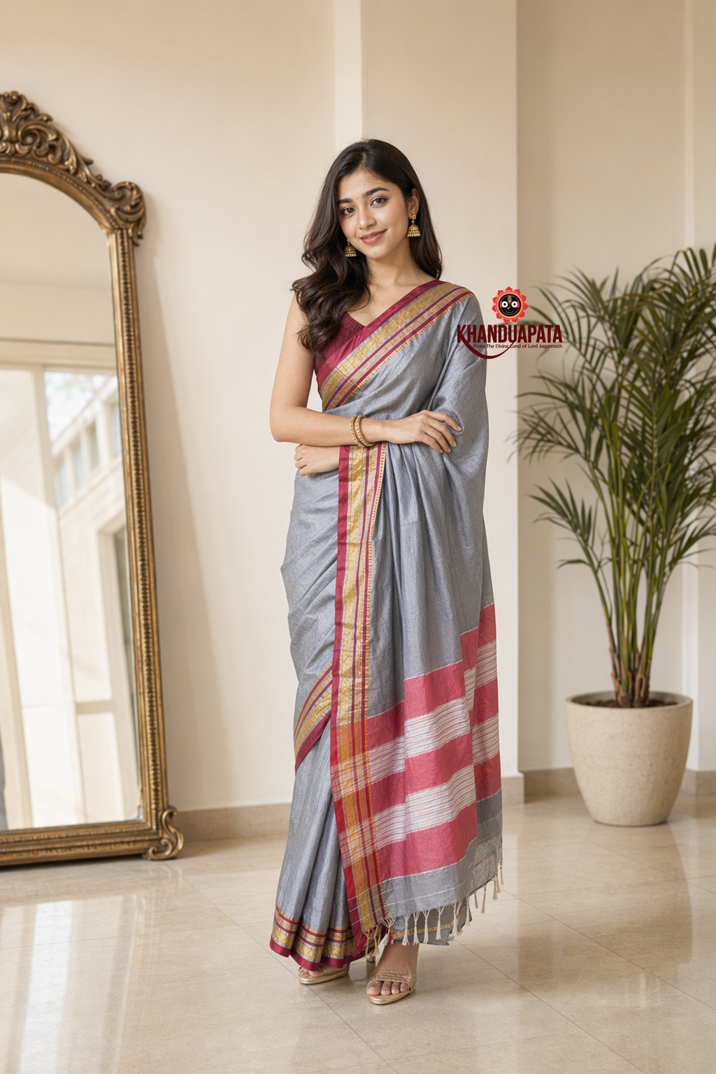 Silver Grey Plain Body Cotton Silk Saree For Women