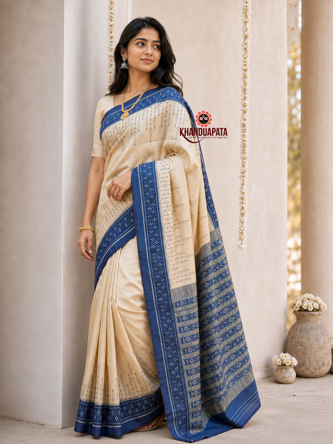 Ivory and indigo-blue border plain silk saree by Khanduapata - draped view