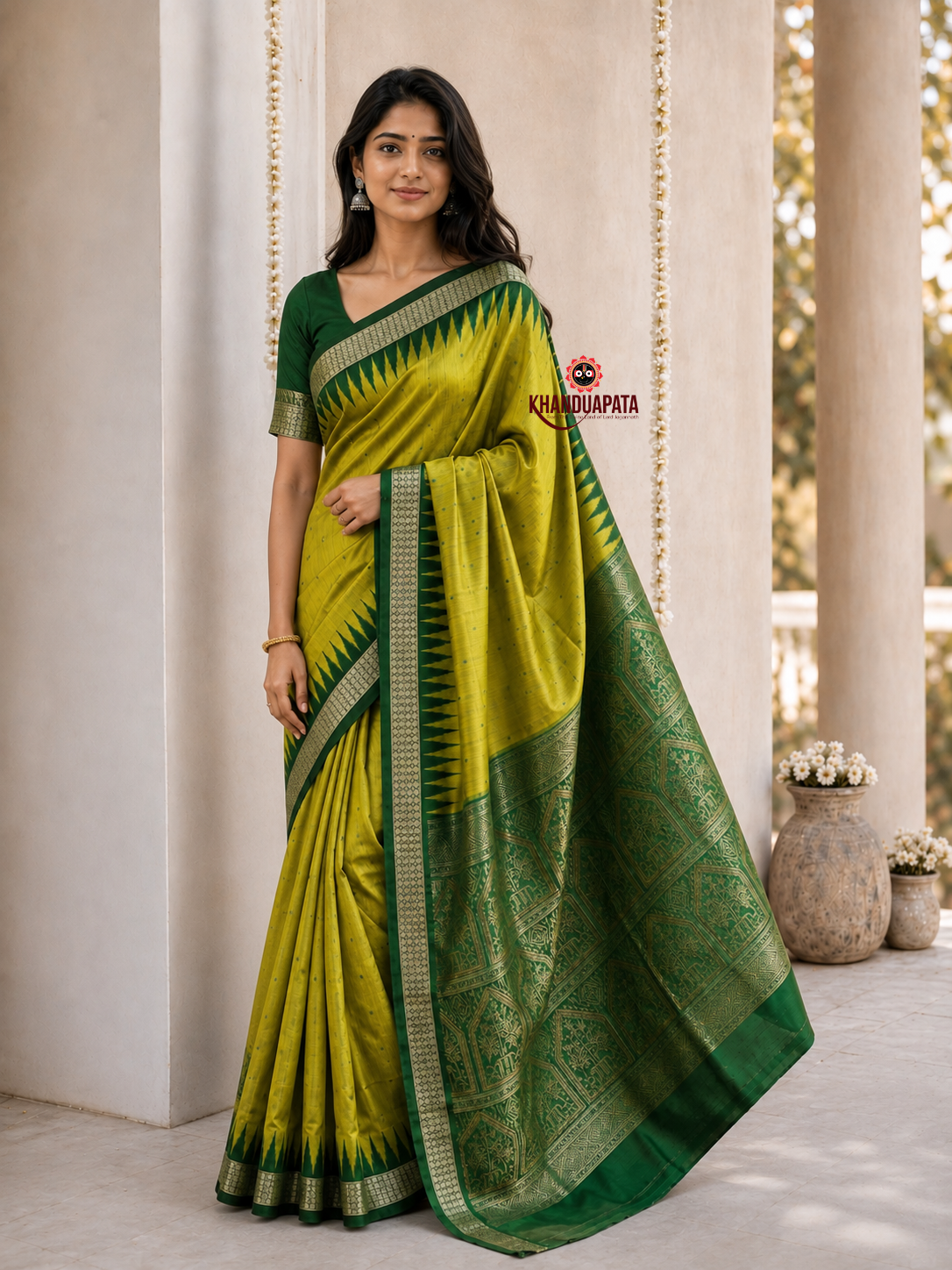 Olive and dark green colour dot design silk saree by Khanduapata - draped view