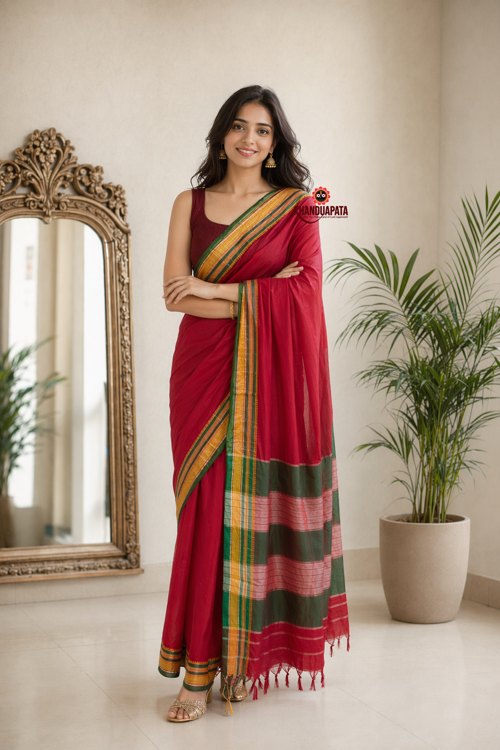 Light Red Plain Body Cotton Silk Saree For Women