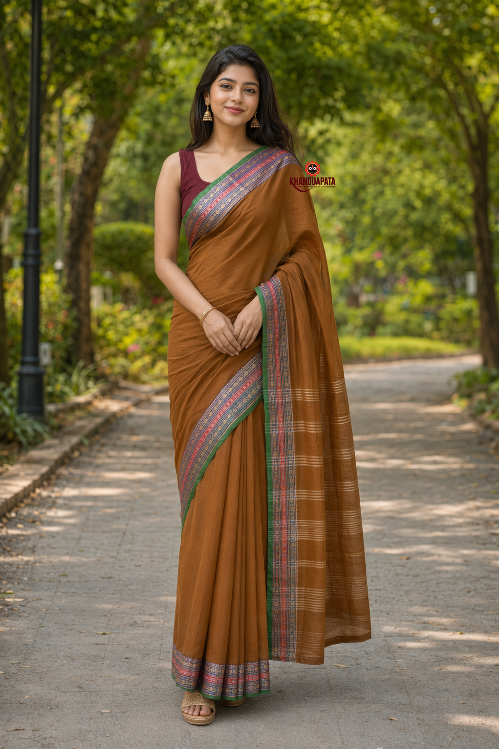 Rust Brown Traditional Border Cotton Saree For Women