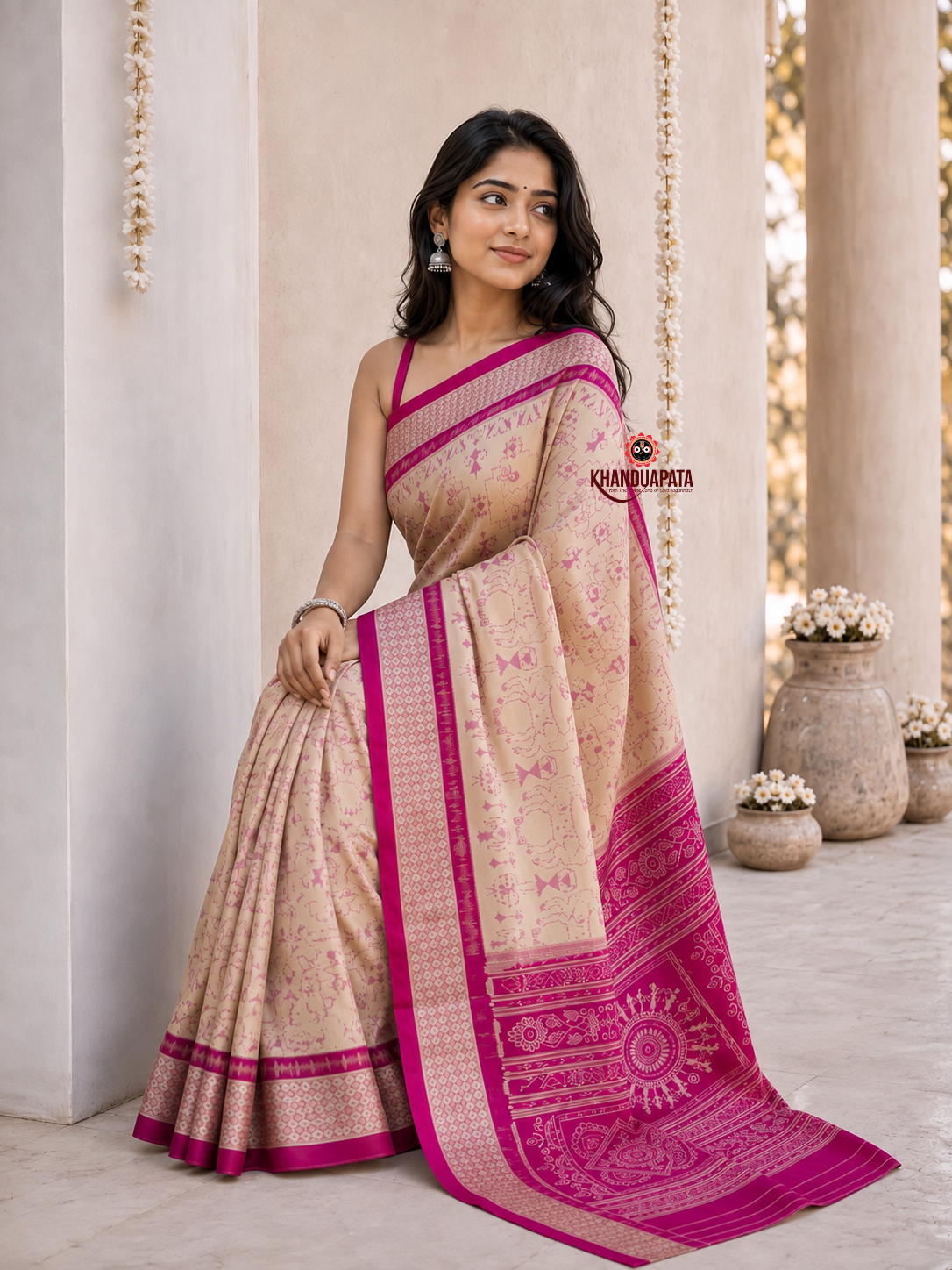 Cream and magenta floral design silk saree by Khanduapata - pallu close-up
