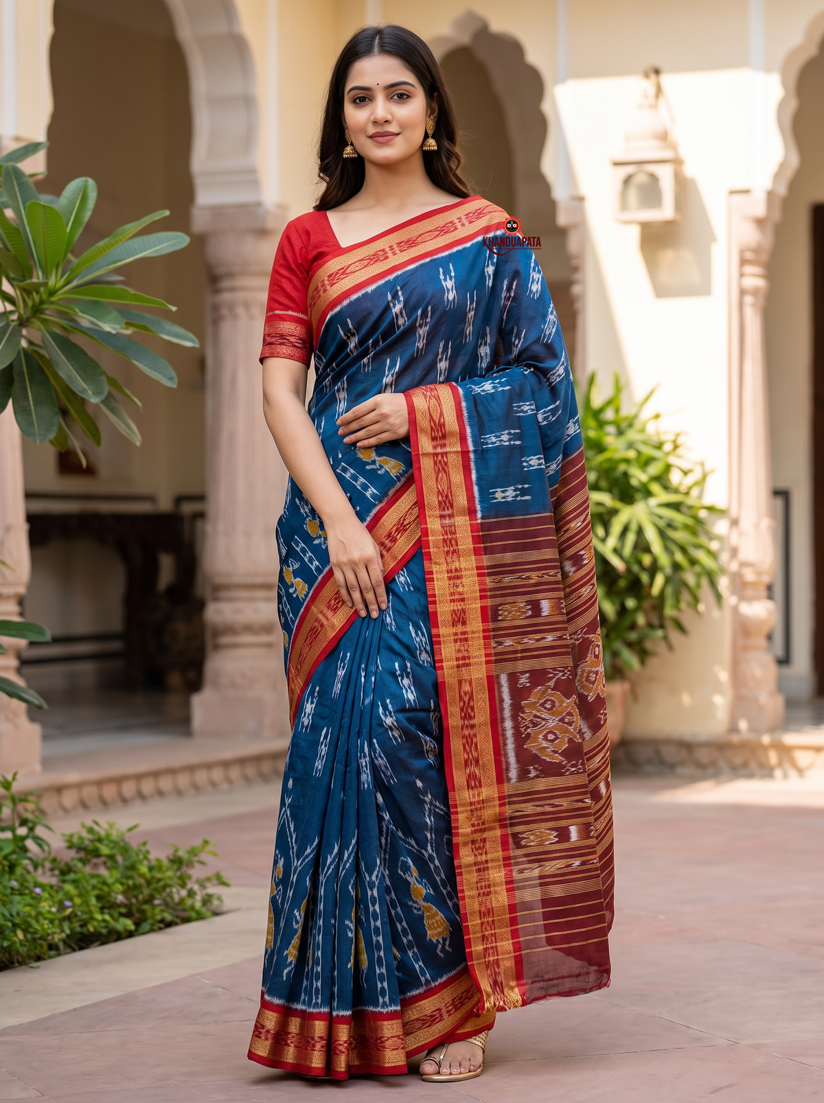 Blue and maroon colour doll design silk saree by Khanduapata - draped view