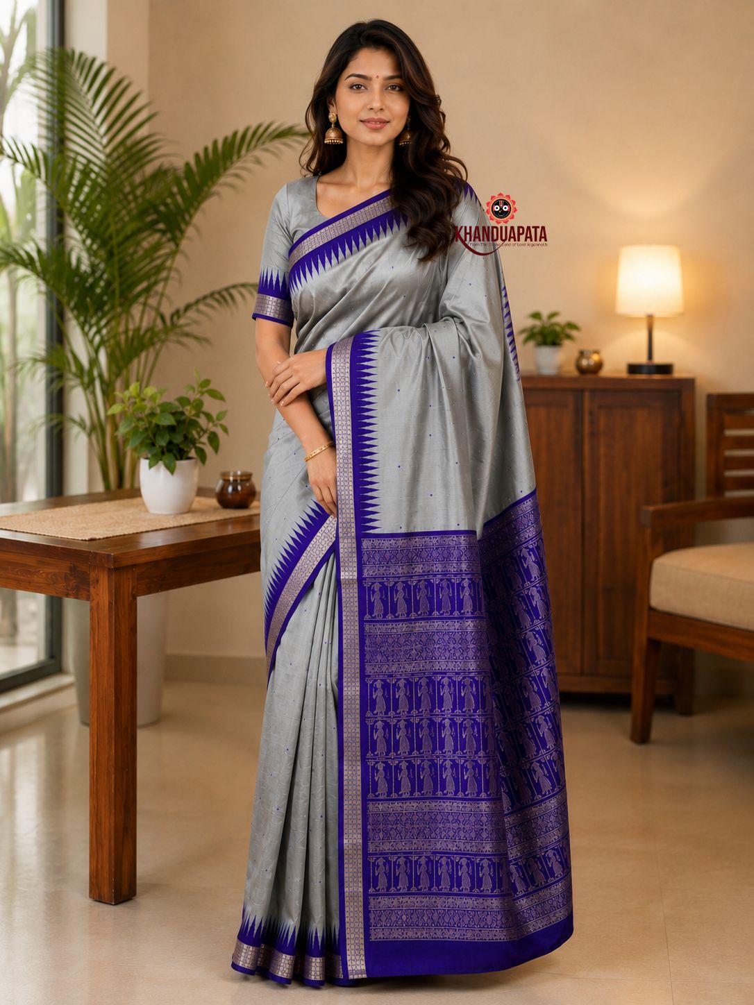 Grey and blue colour dot design silk saree by Khanduapata - draped view