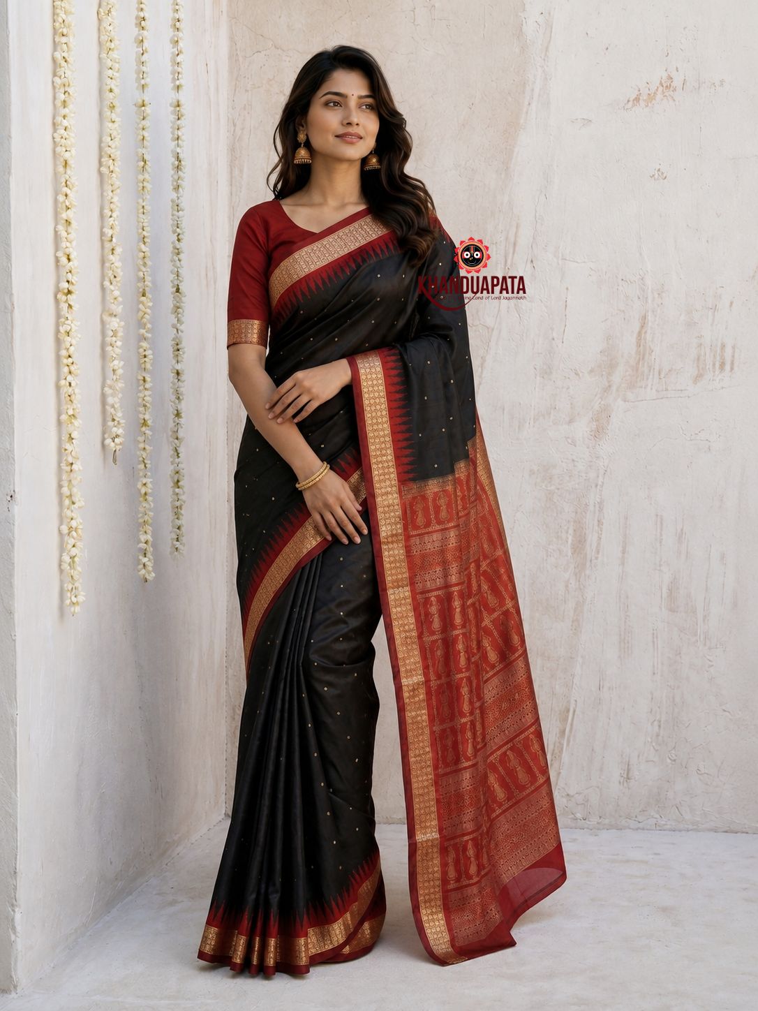 Black and red colour dot design silk saree by Khanduapata - draped view