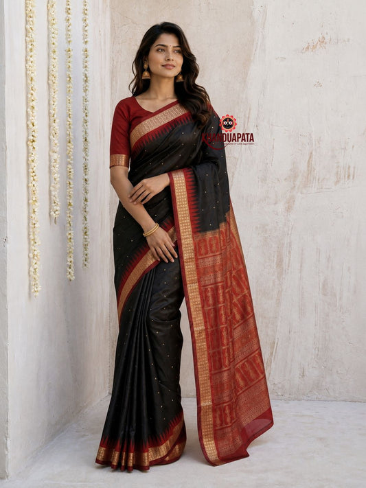 Black and red colour dot design silk saree by Khanduapata - draped view
