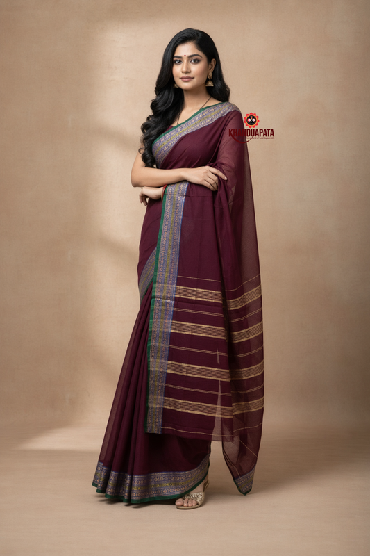 Deep Maroon Colour Plain Body Cotton Saree For Women