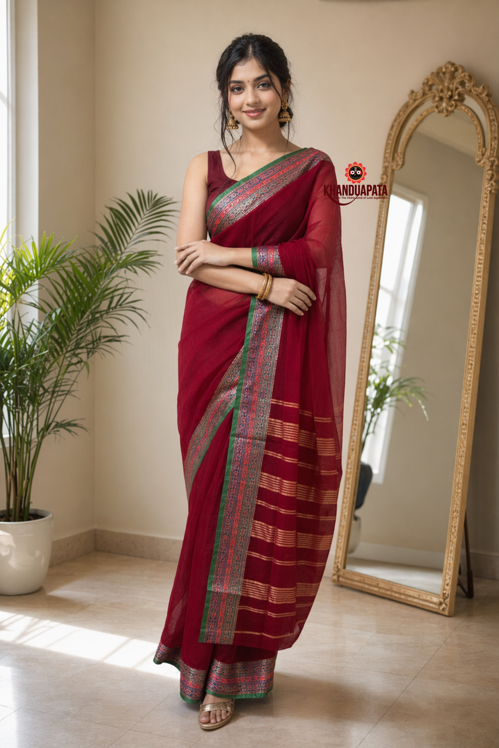 Deep Red Plain Body Cotton Saree For Women