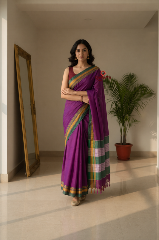 Purple & Green Plain Body Cotton Silk Saree For Women