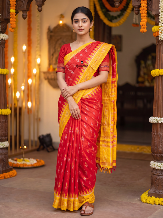 Red & Bright Yellow Colour Traditional Ikat Design Silk Saree For Women