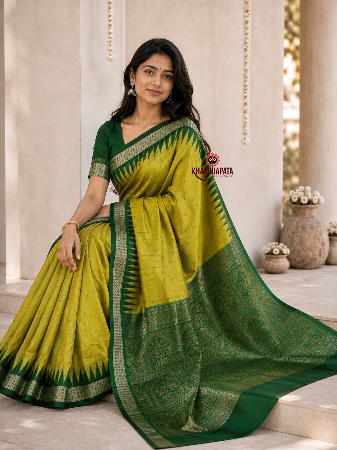 Olive and dark green colour dot design silk saree by Khanduapata - pallu detail