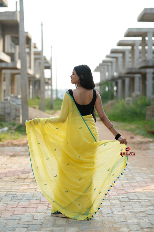 Yellow and Green Leaf Pattern Cotton Saree For Women