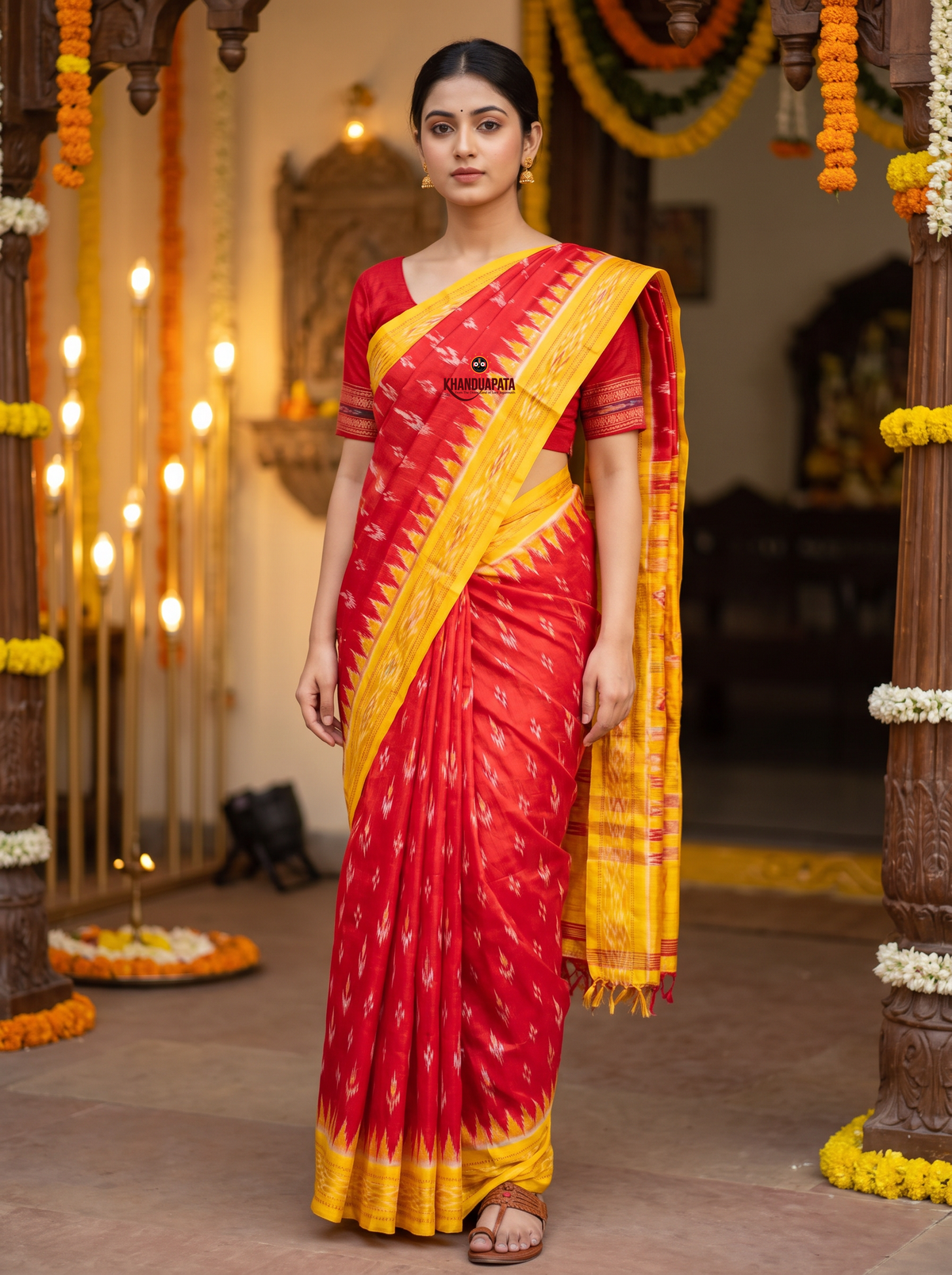 Red and bright yellow colour traditional Ikat design silk saree by Khanduapata - pallu detail