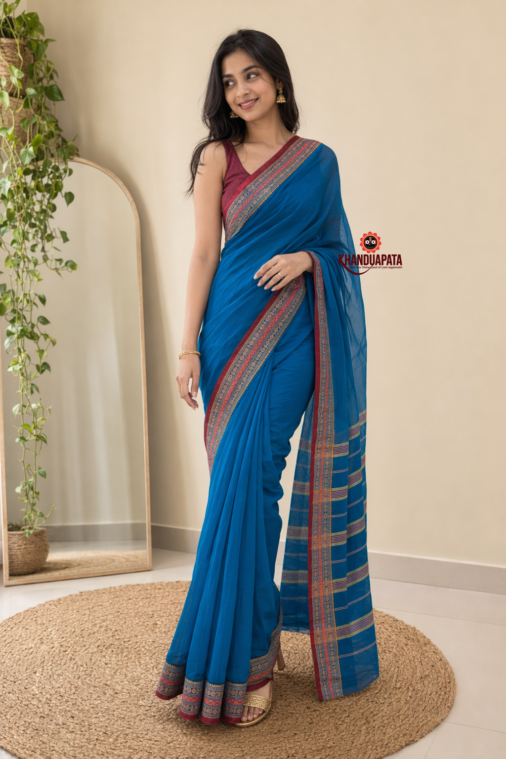 Blue & Pink Contrast Border Cotton Saree For Women
