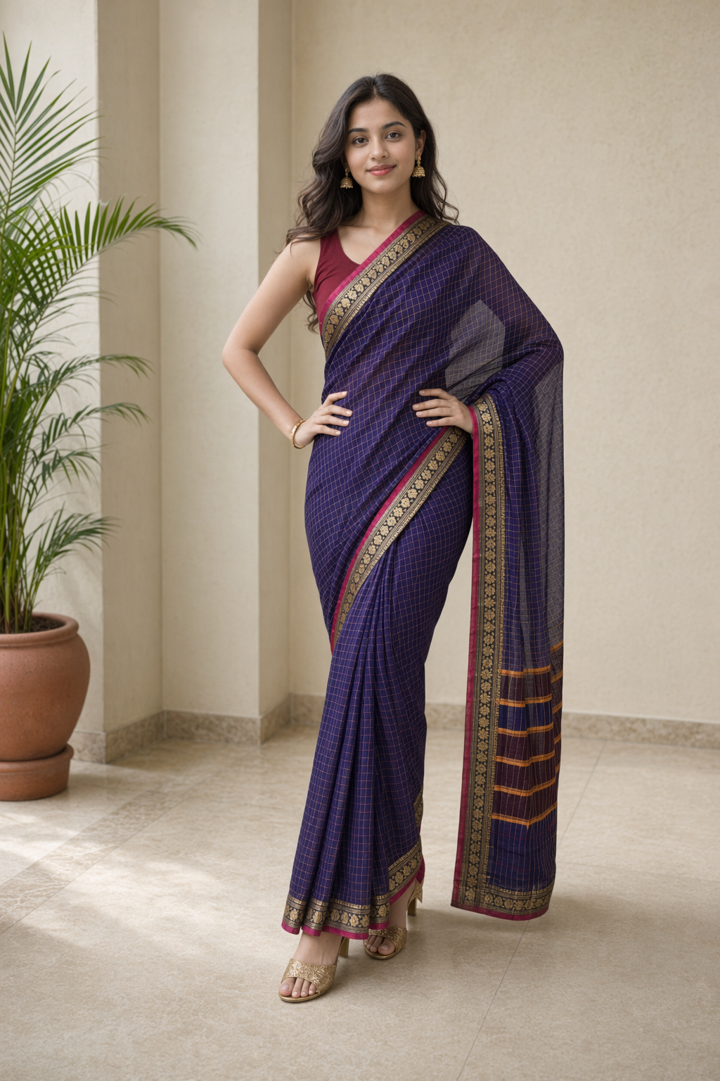 Navy Blue Checked Contrast Border Cotton Saree For Women