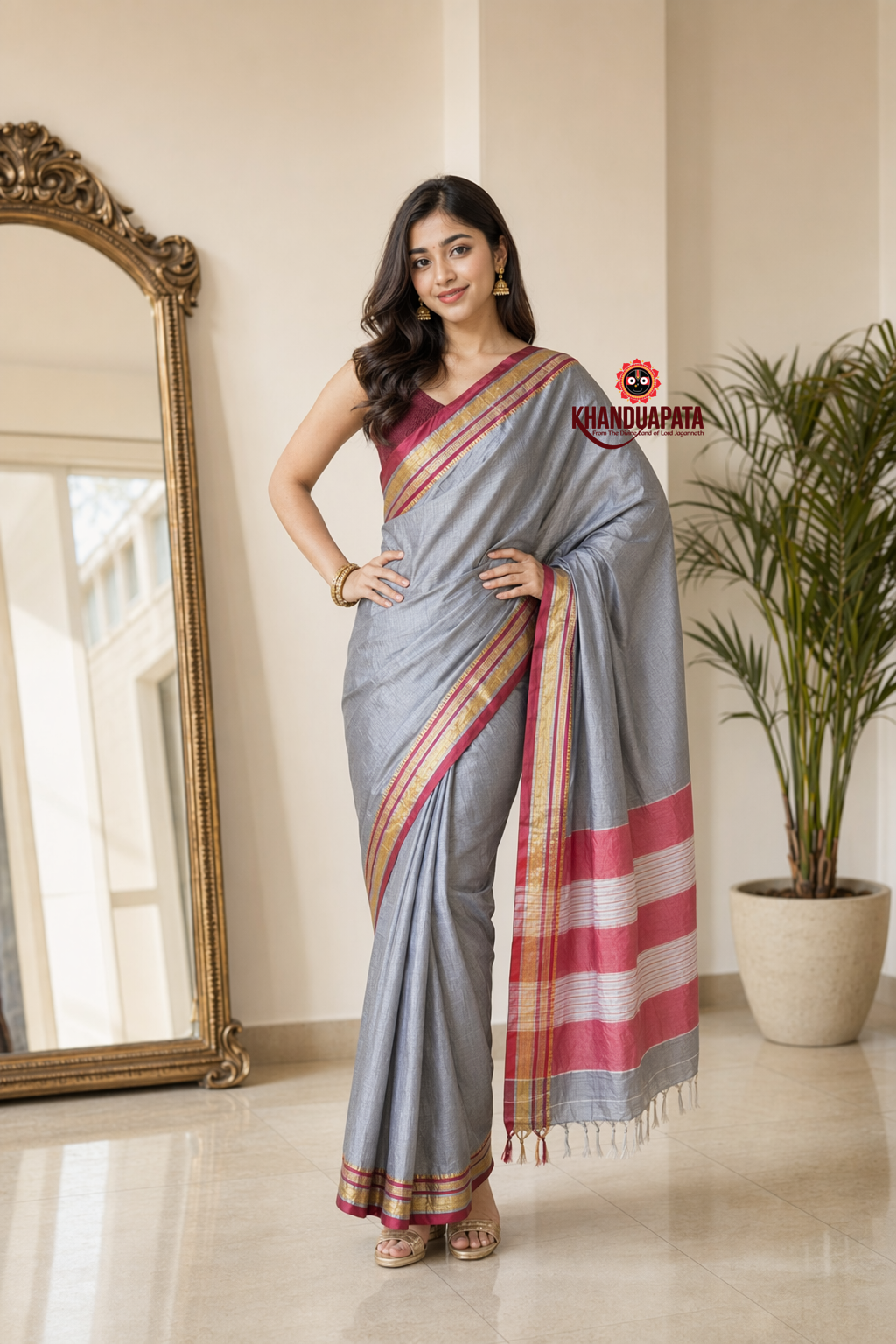 Silver Grey Plain Body Cotton Silk Saree For Women