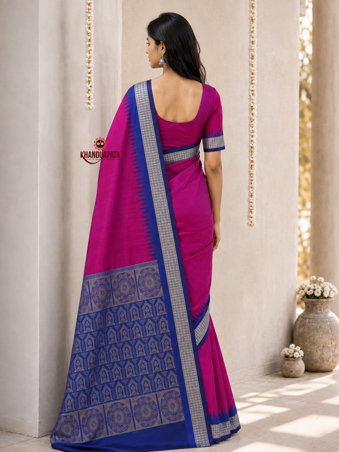 Blue and magenta colour dot design silk saree by Khanduapata - pallu detail