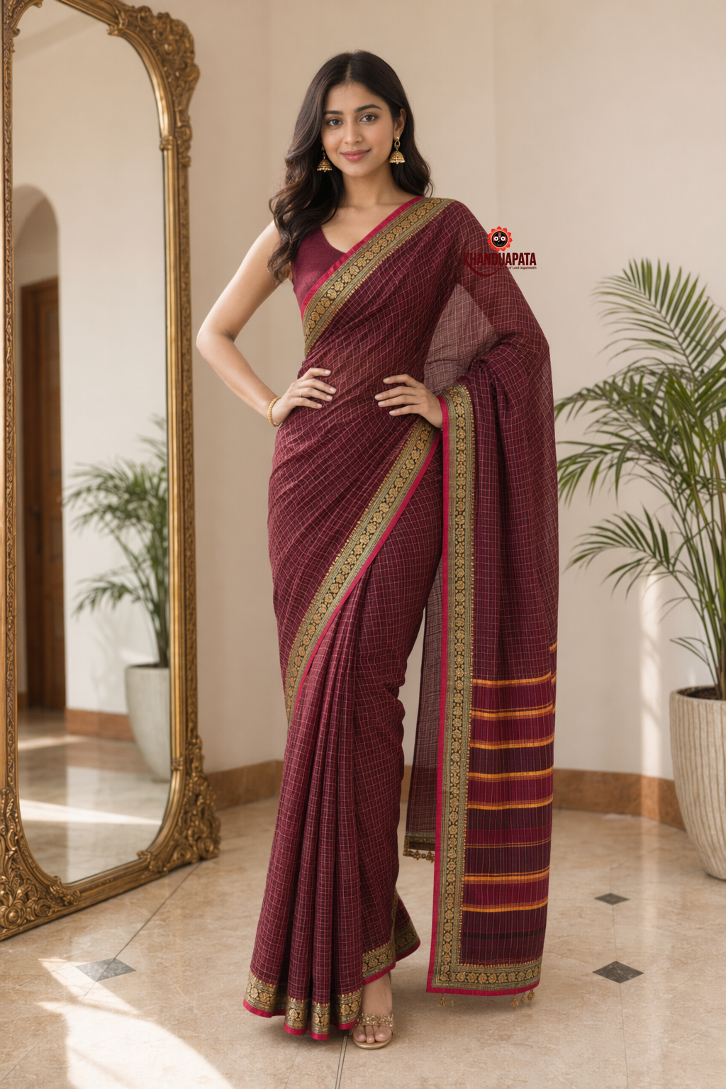 Deep Red Checked Traditional Border Cotton Saree For Women