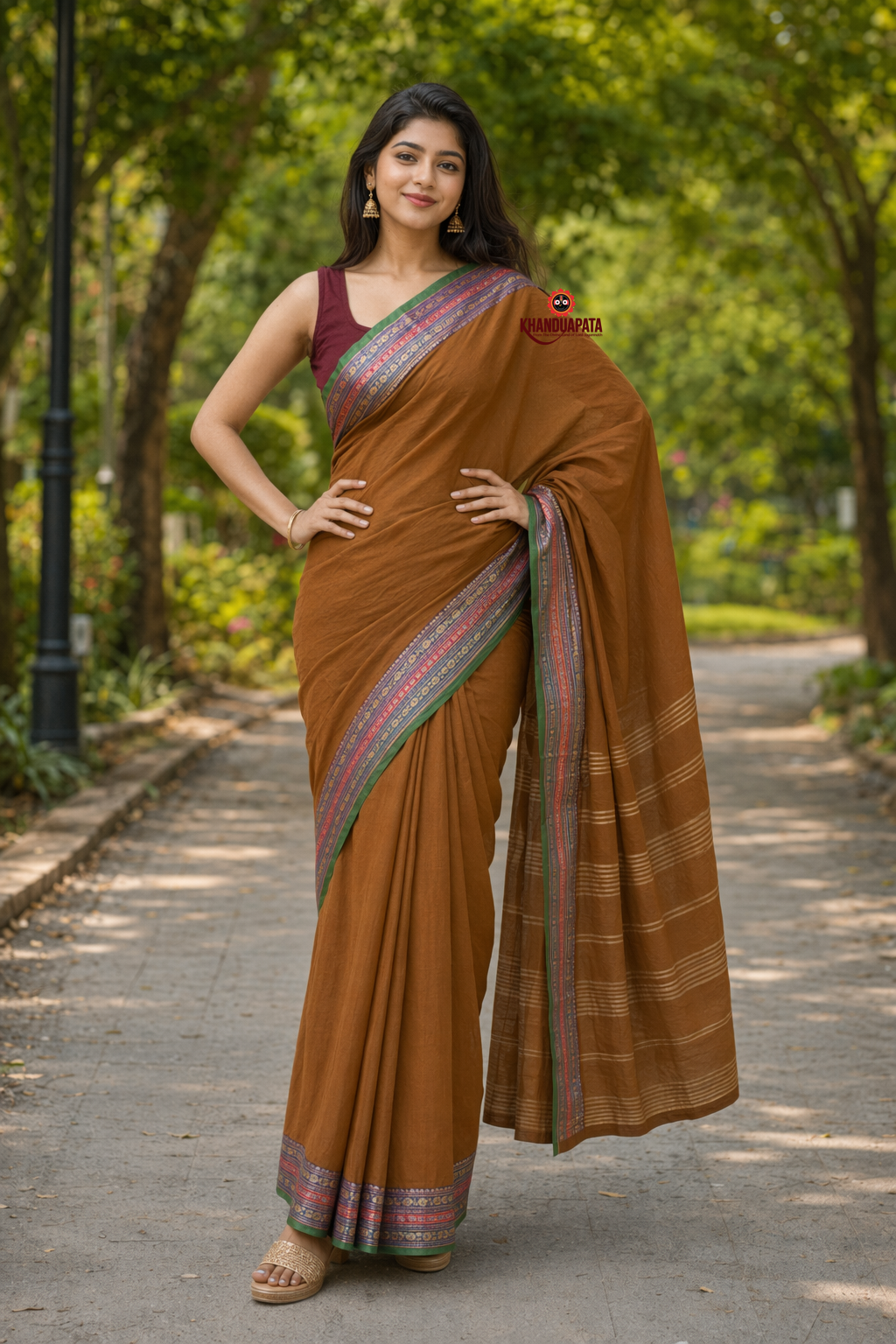 Rust Brown Traditional Border Cotton Saree For Women