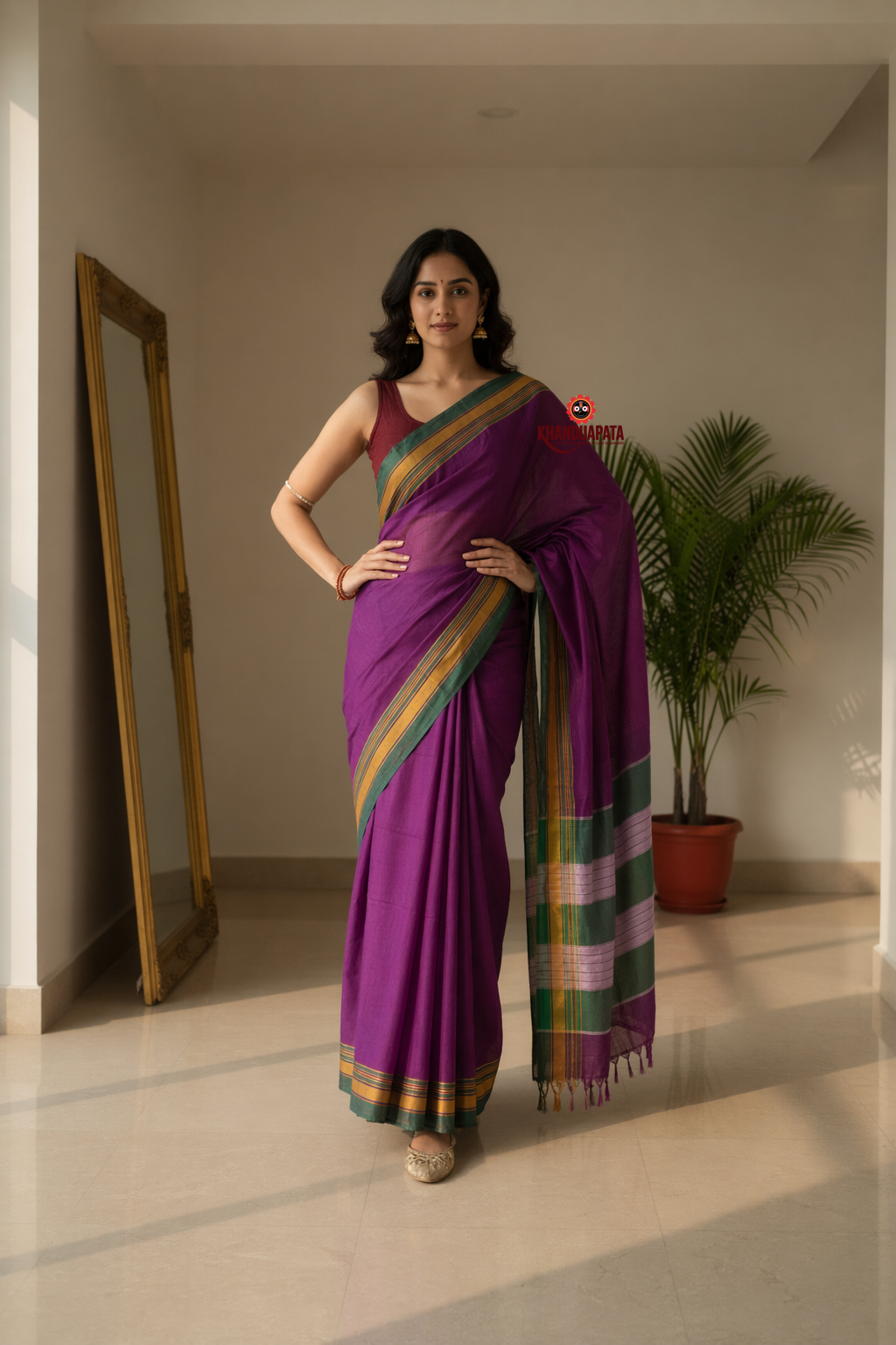 Purple & Green Plain Body Cotton Silk Saree For Women