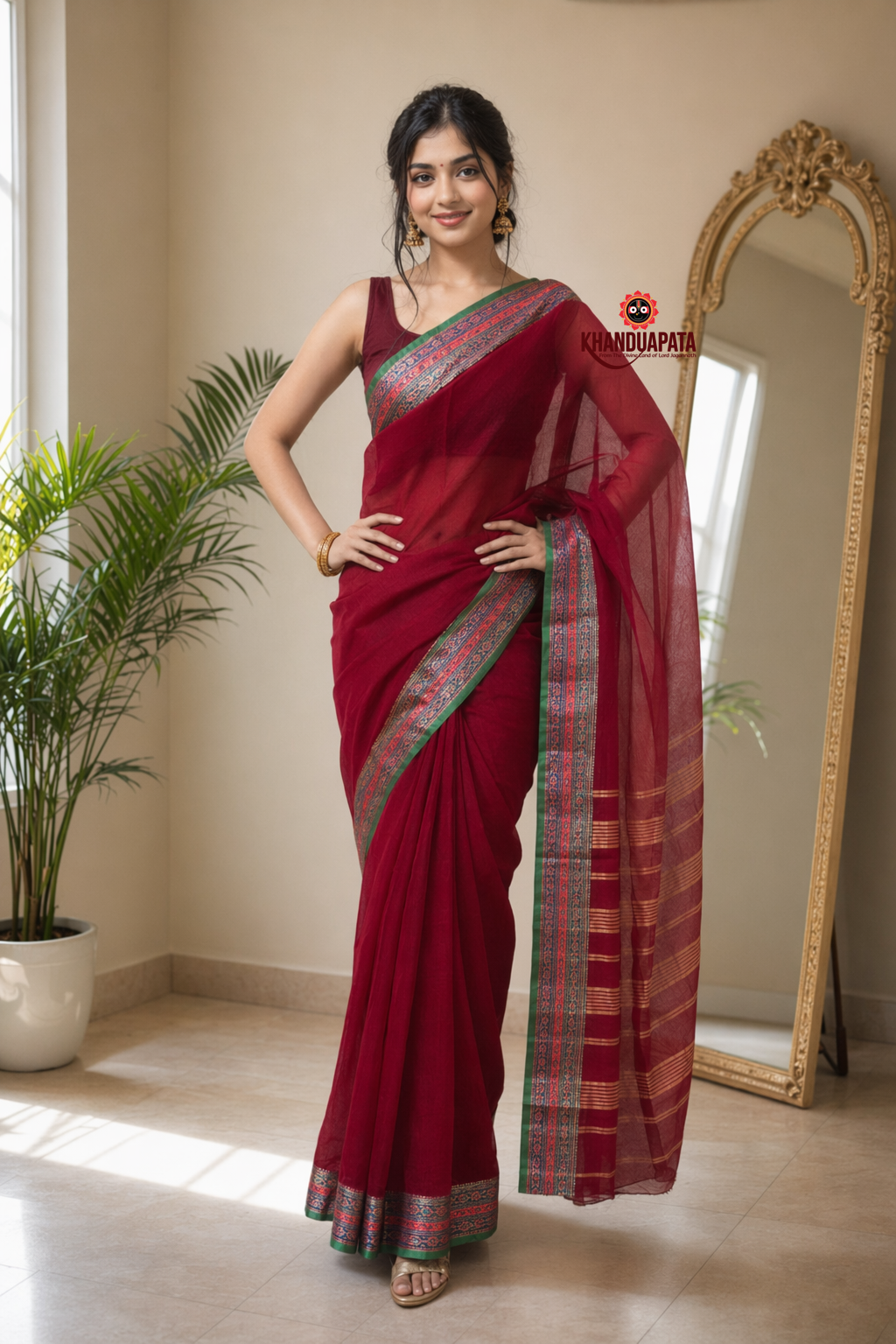 Deep Red Plain Body Cotton Saree For Women