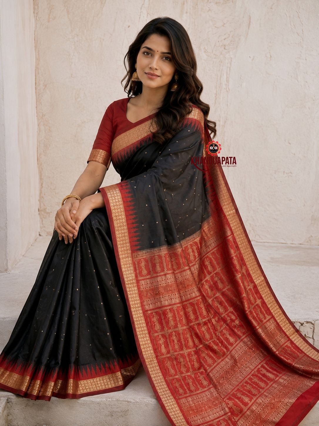 Black and red colour dot design silk saree by Khanduapata - pallu detail