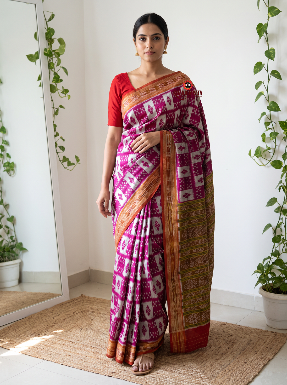 Magenta and white colour geometric Ikat design silk saree by Khanduapata - pallu detail