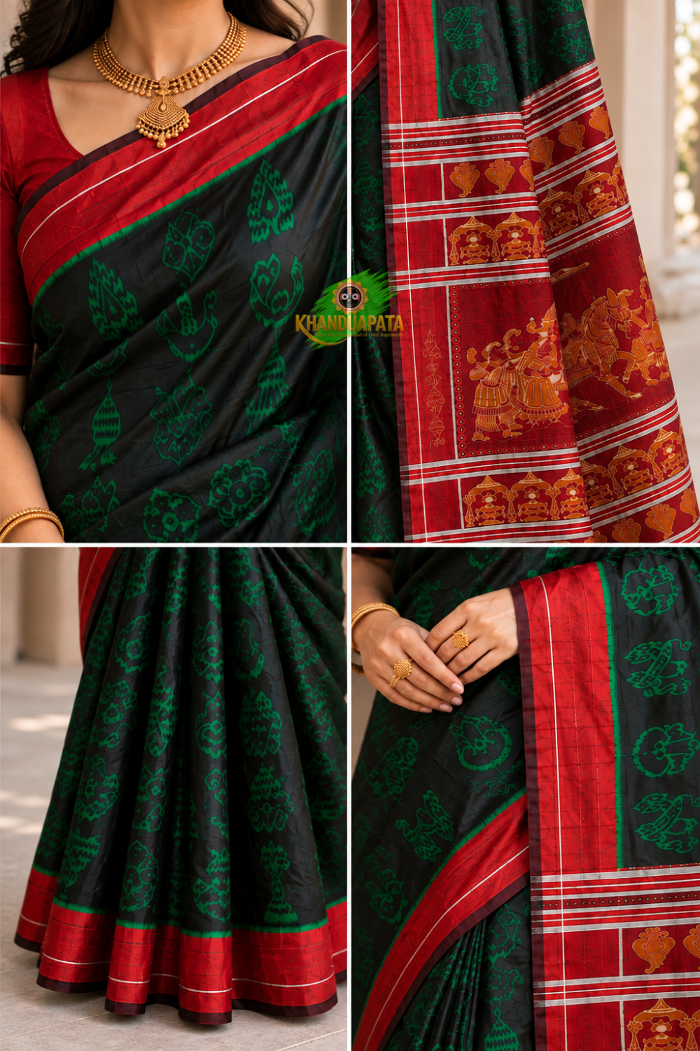 Black and green colour floral design silk saree by Khanduapata - pallu detail