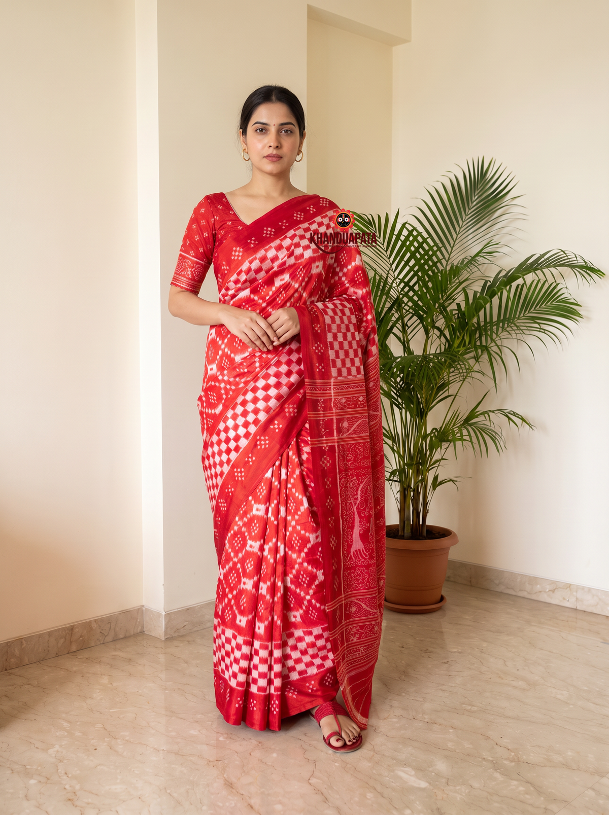 Red and white colour traditional checkered design silk saree by Khanduapata - pallu detail