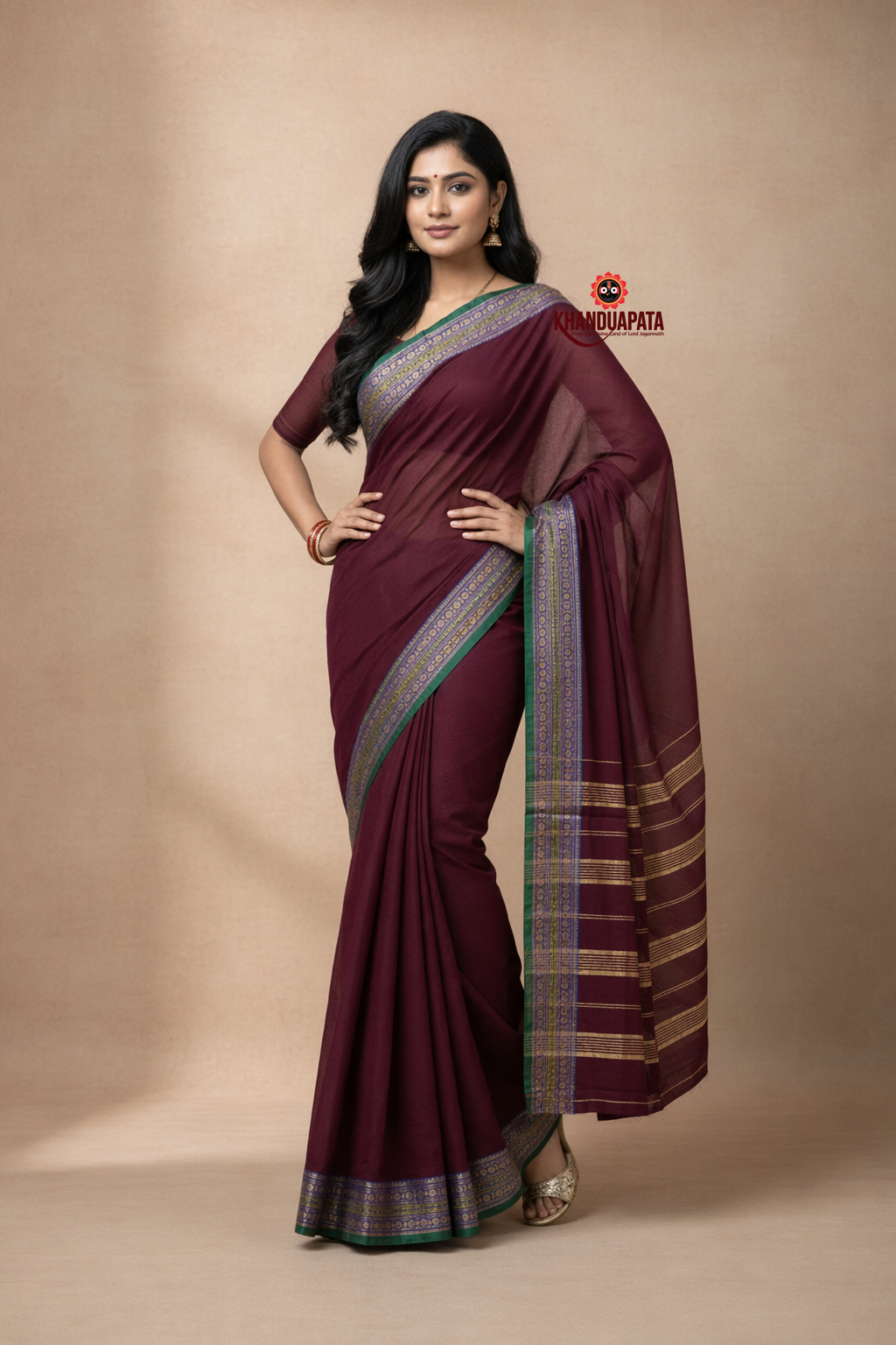 Deep Maroon Colour Plain Body Cotton Saree For Women