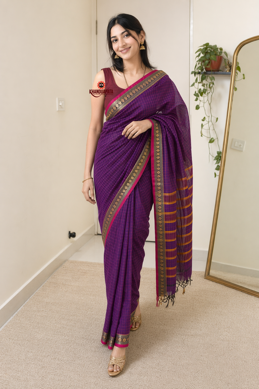 Deep Purple Checked Traditional Border Cotton Saree For Women
