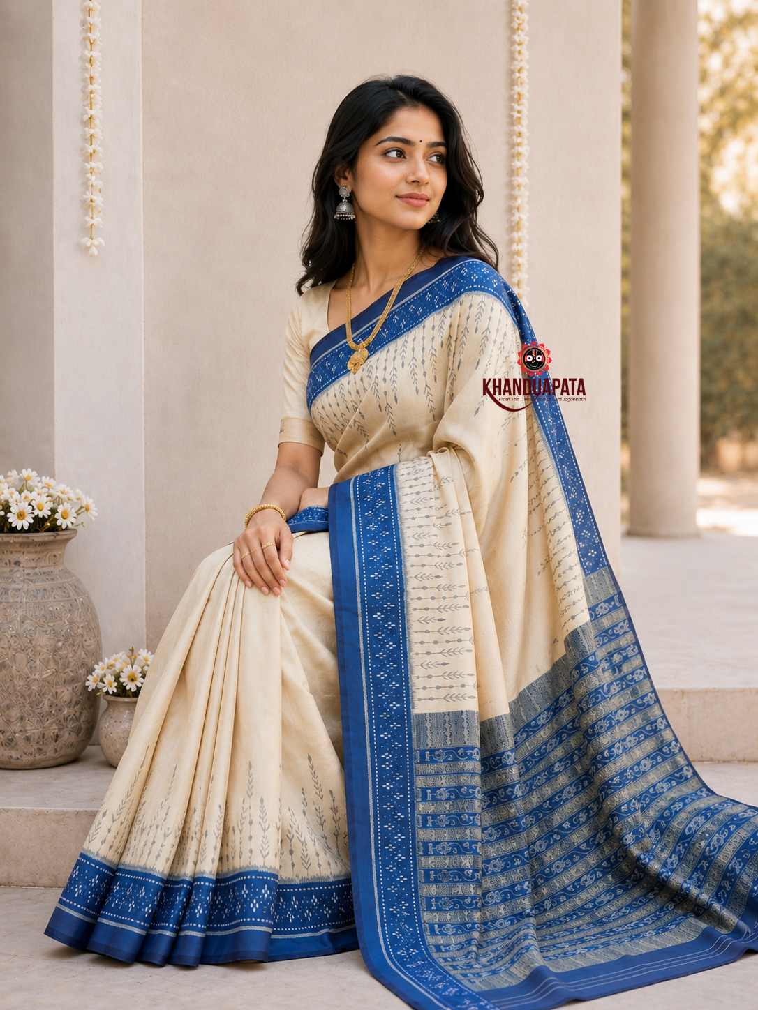 Ivory and indigo-blue border plain silk saree by Khanduapata - pallu detail