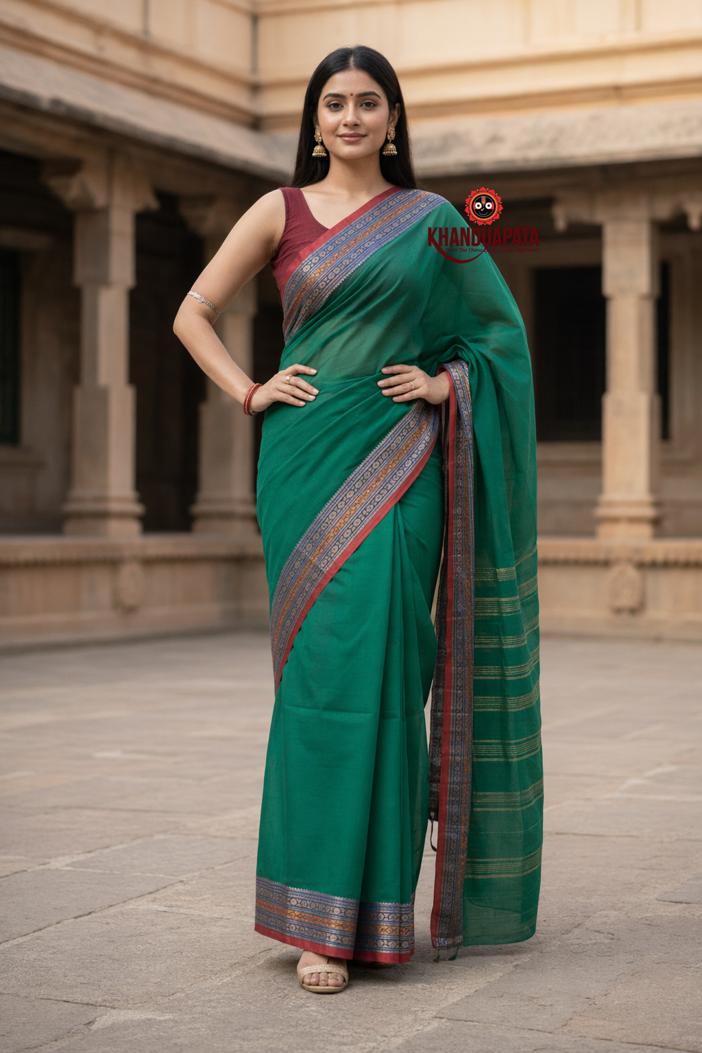Teal Green Plain Body Cotton Saree For Women