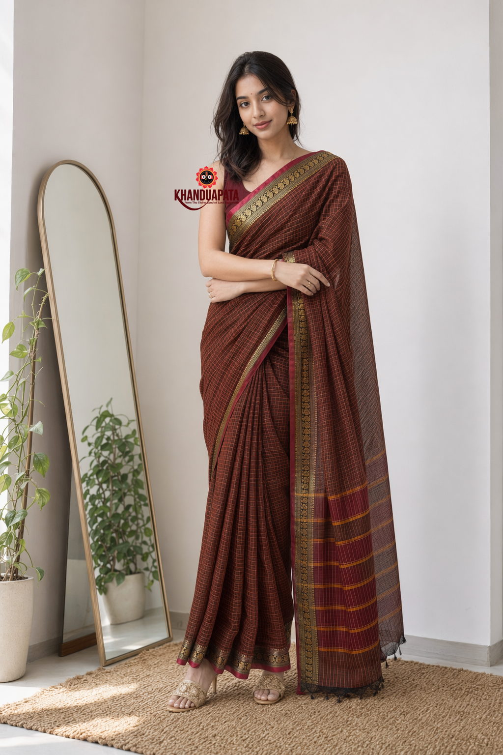 Brown Checked Traditional Border Cotton Saree For Women