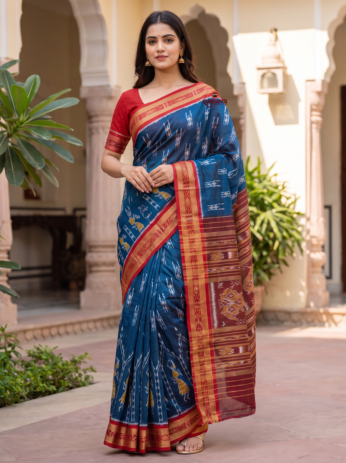 Blue and maroon colour doll design silk saree by Khanduapata - pallu detail