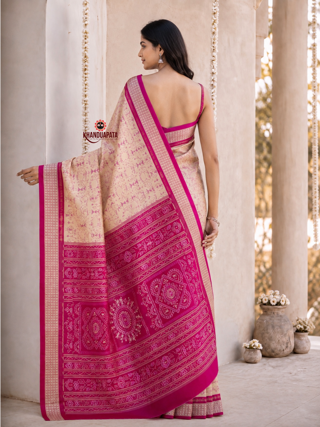 Cream and magenta floral design silk saree by Khanduapata - draped view