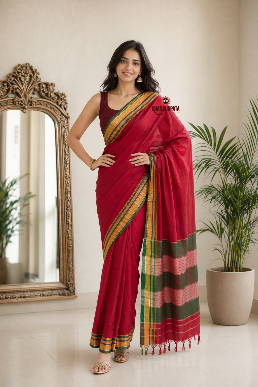 Light Red Plain Body Cotton Silk Saree For Women