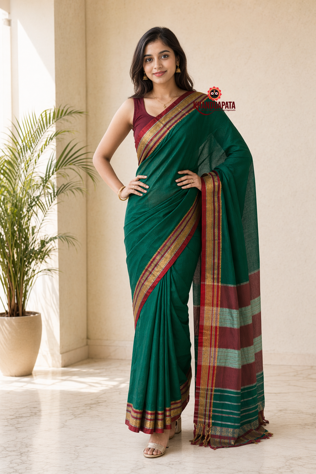 Teal Green Plain Body Cotton Silk Saree For Women